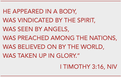 He Appeared in a Body, Was Vindicated By The Spirit, Was Seen By Angels, Was Preached Among The Nations, Was Believed On By The World, Was Taken Up In Glory.  I Timothy 3:16, NIV